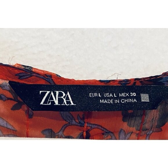 Zara Top Womens Large Red Floral Cropped Fringe Silky Romantic Fairy Boho Sheer - Picture 5 of 7